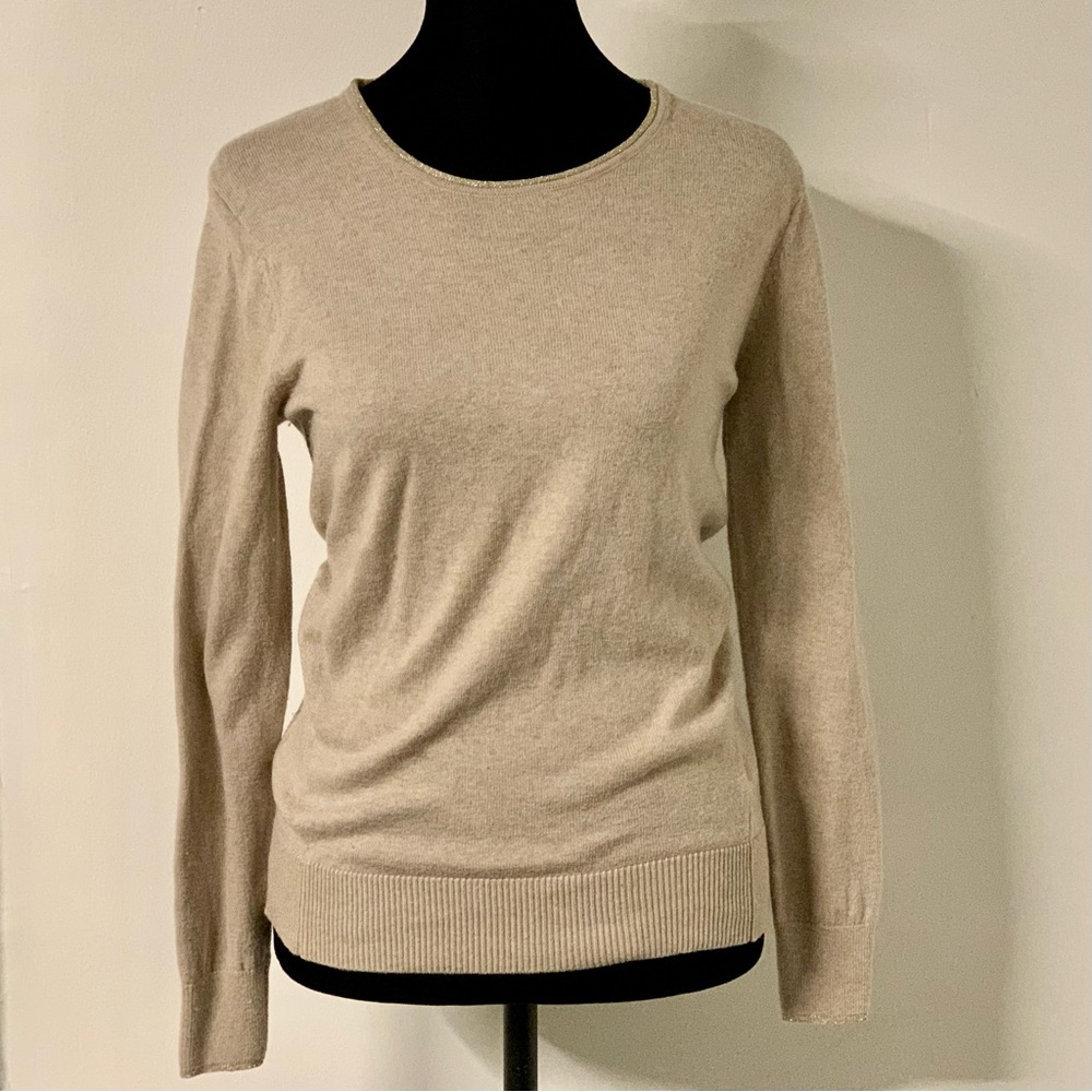 Banana Republic Sandy Beige Cotton Cashmere Blend Shimmer Trim Sweater Size XS